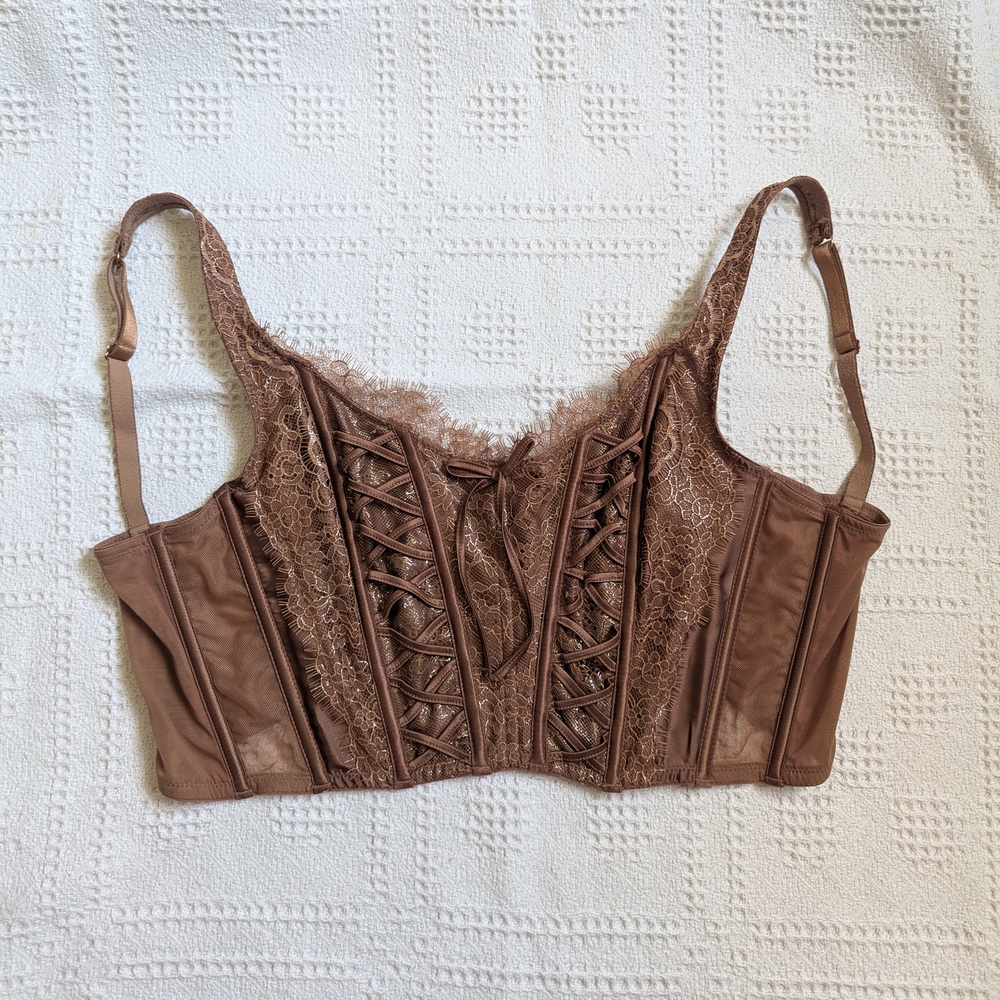 victoria's secret elegant lace brown corset crop top